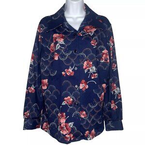 Vintage 70s Lori Lynn Disco Blouse Size L Blue Pink Floral Polyester